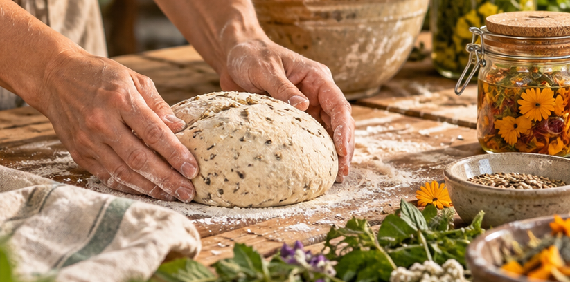 Sauerteigbrot backen - traditionelles Handwerk bei WILDHAG Hände halten einen runden, bemehlten Brotteig auf einen Holztisch mit Mehl, Kräutern und Backutensilien.