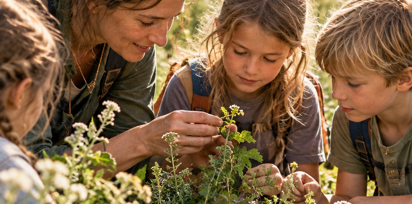 Naturwissen für Kinder - WILDHAG im Harz Kinder entdecken gemeinsam mit einer Erwachsenen blühende Kräuter und Pflanzen bei einem Naturerlebnis im Freien.